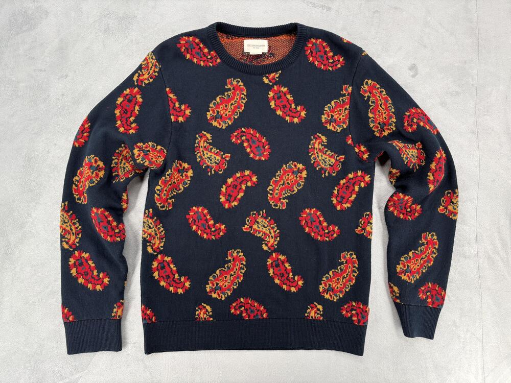 Obey Sweater Mens Medium Blue Paisley Knit Pullover Crewneck Graphic Colorful